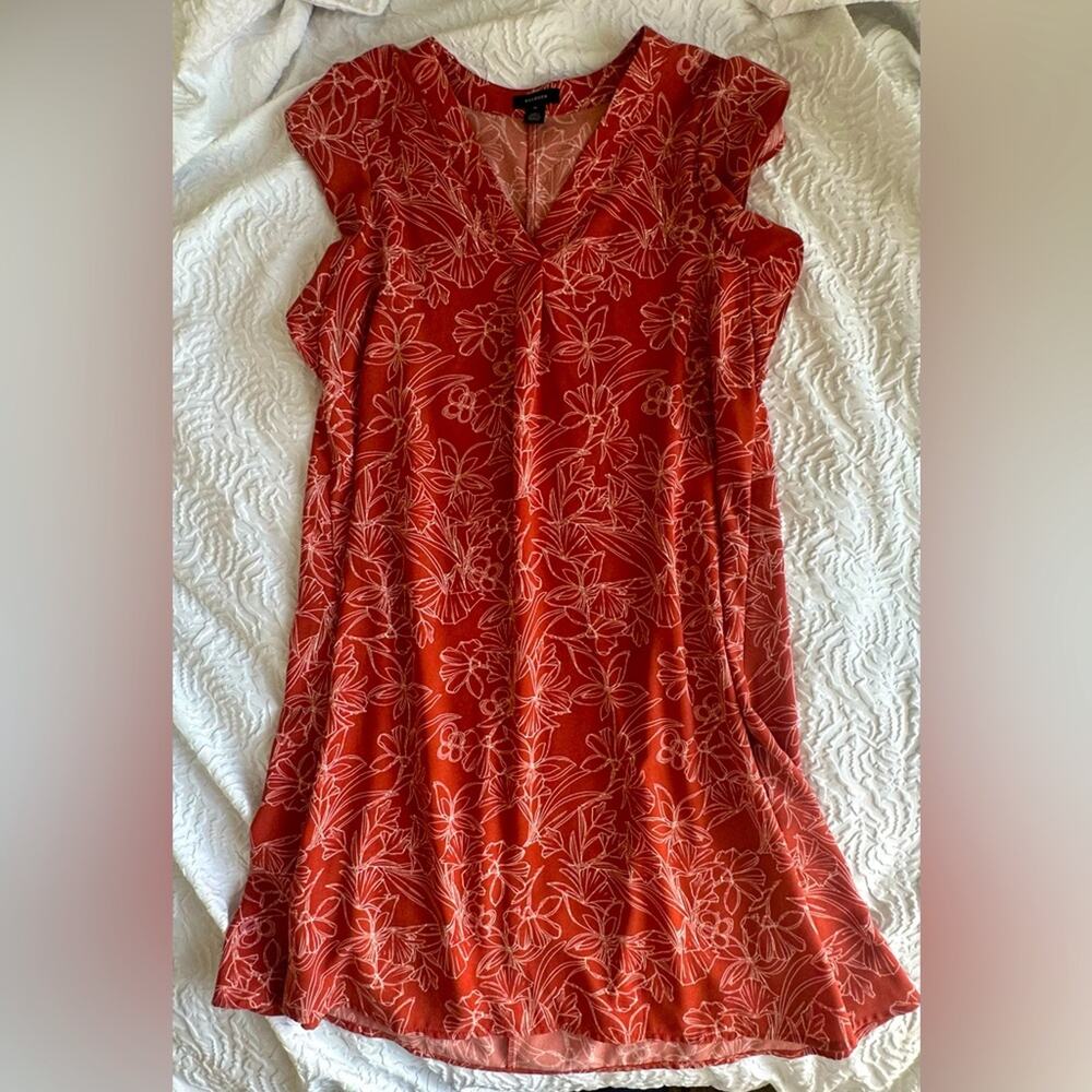 Halogen Flower Stencil Print Shift Dress, Adobe Clay, with ruffle sleeves, M